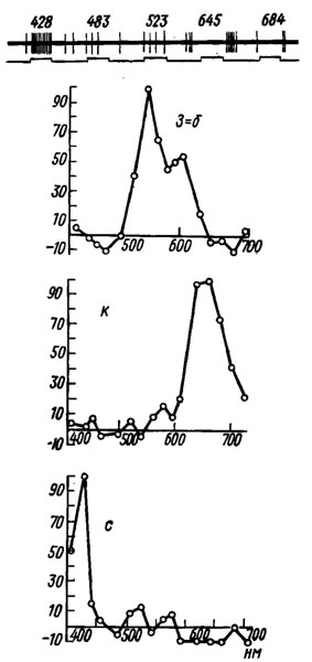 Рис. 5. Примеры ответов на спектральные стимулы мозговых интернейронов бабочки Рарillо troilus (по Swihart, 1970). Вверху: ответы с-нейрона; отклонение вверх нижней линии - период стимуляции, числа - длина волны света, нм. Внизу: графики зависимости им-пульсащии ют длины волны света; по оси ординат - импульсация в процентах от максимальной; по оси абсцисс - длина волны света, нм. з-б - 'зелено-белый' оппонентный нейрон: зеленые и белые лучи его возбуждают, а синие и красные частично тормозят его фоновую активность; к - 'красный' нейрон, возбуждающийся преимущественно оранжево-красными лучами; с - 'синий' нейрон, возбуждающийся преимущественно фиолетово-синими лучами