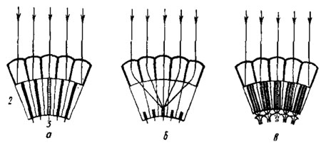 Рис. 45. Упрощенная схема возникновения сетчаточного изображения в аппозиционном (а), оптико- (б) и нейросуперпозиционном (в) глазу (по Kirschenfeld, 1970). 1 - диоптрический аппарат омматидия; 2 - зрительные клетки с замкнутым (а и б) или открытым (в) раб-домом; 3-проекция аксонов зрительных клеток на оптические патроны ламины. Заштрихованы те рабдомеры, на которые попадают параллельно идущие лучи света (показаны стрелками)