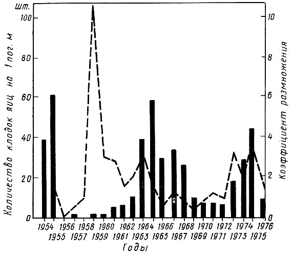 Рис. 68. Изменение численности дубовой зеленой листовертки за период 1954-1976 гг.